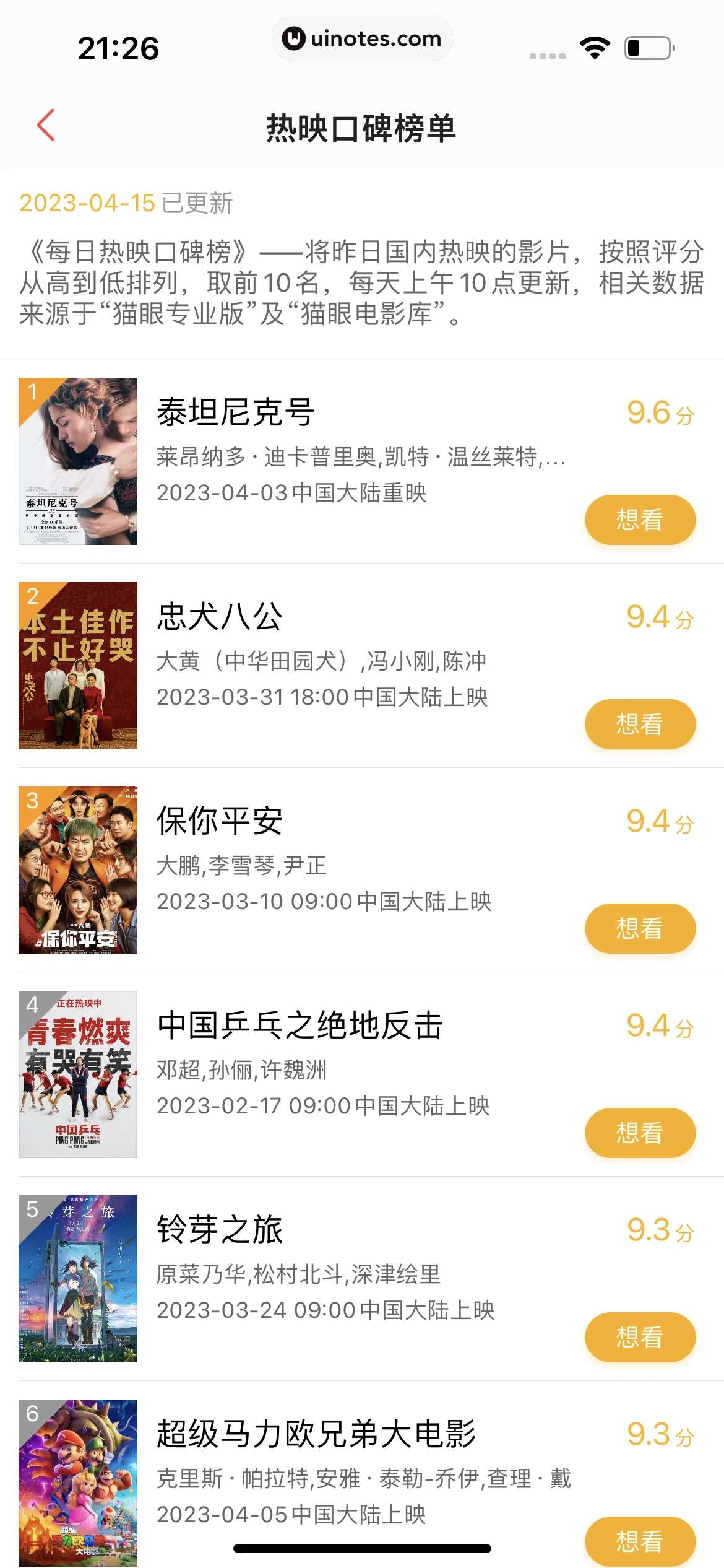 猫眼 App 截图 358 - UI Notes